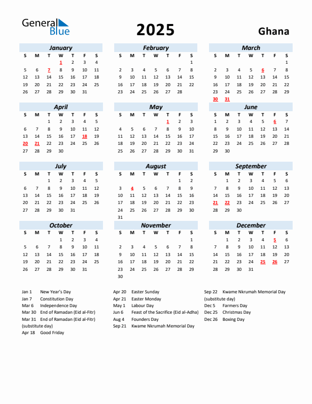 2025 Calendar for Ghana with Holidays