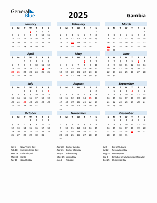 Gambia current year calendar 2025 with holidays