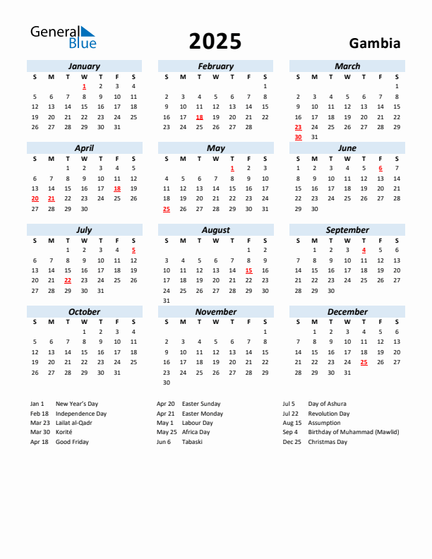 2025 Calendar for Gambia with Holidays