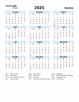 Guinea current year calendar 2025 with holidays