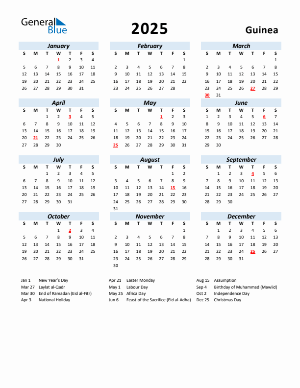 2025 Calendar for Guinea with Holidays