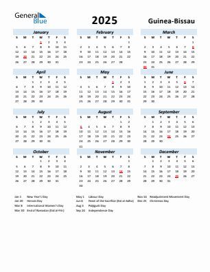 Guinea-Bissau current year calendar 2025 with holidays