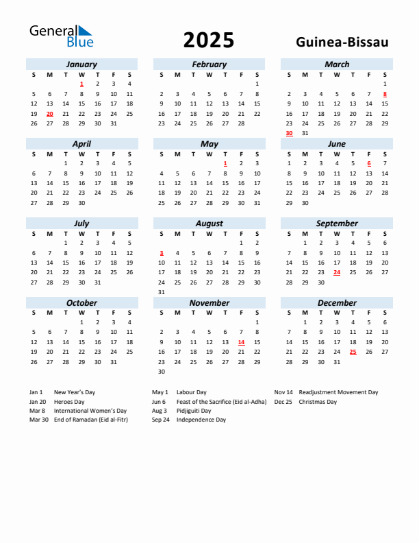 2025 Calendar for Guinea-Bissau with Holidays