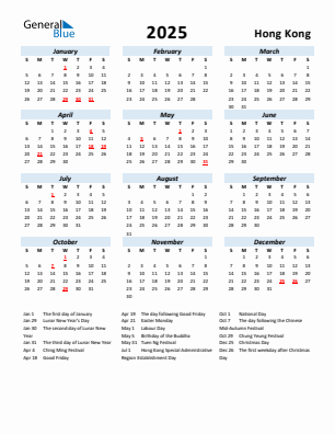 Hong Kong current year calendar 2025 with holidays