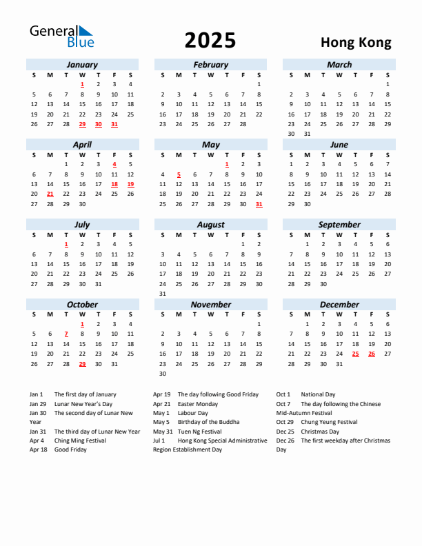 2025 Calendar for Hong Kong with Holidays