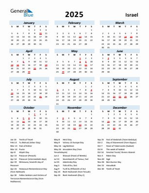 Israel current year calendar 2025 with holidays