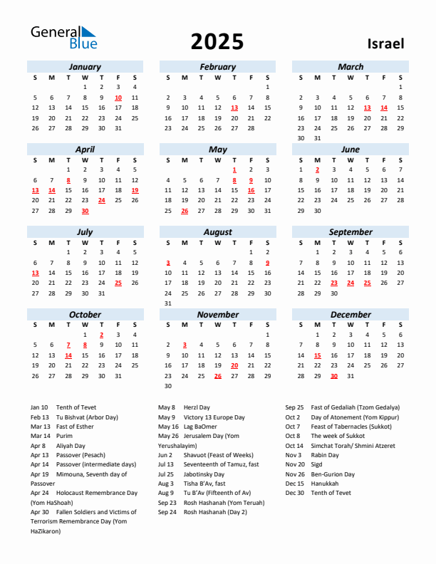 2025 Calendar for Israel with Holidays