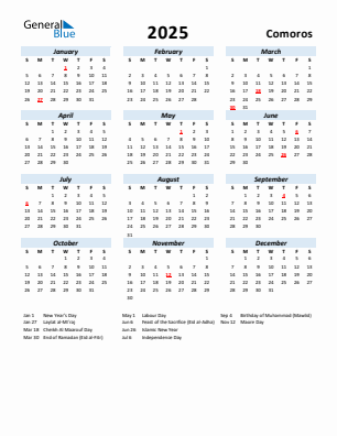 Comoros current year calendar 2025 with holidays