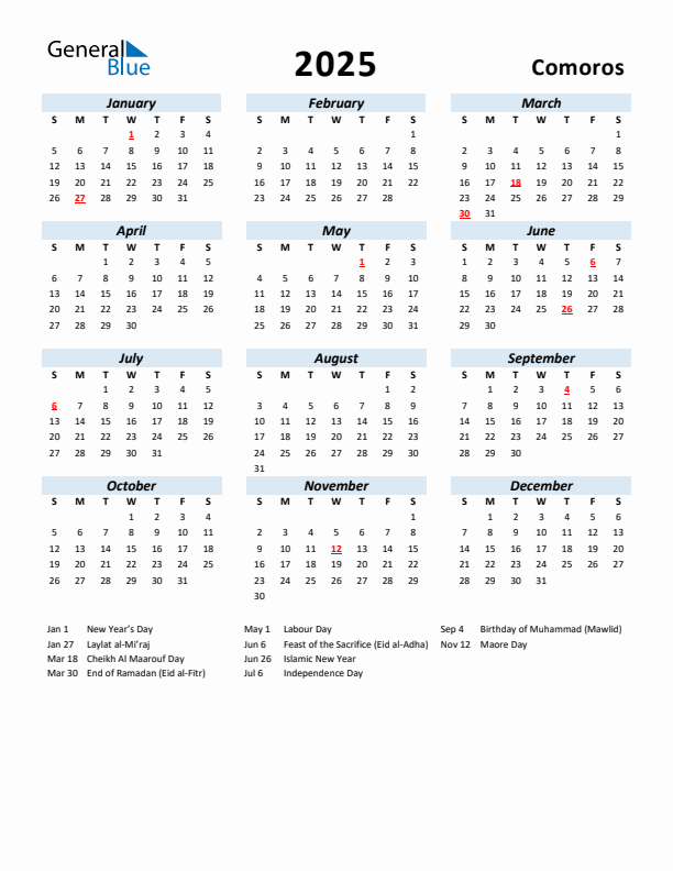 2025 Calendar for Comoros with Holidays