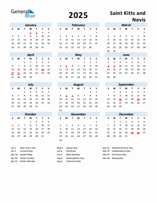 Saint Kitts and Nevis current year calendar 2025 with holidays