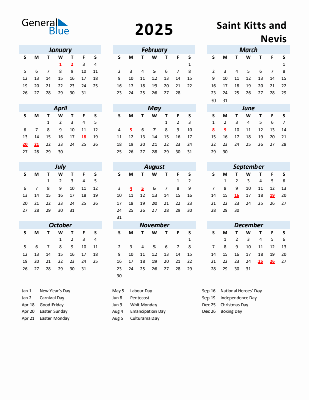 2025 Calendar for Saint Kitts and Nevis with Holidays