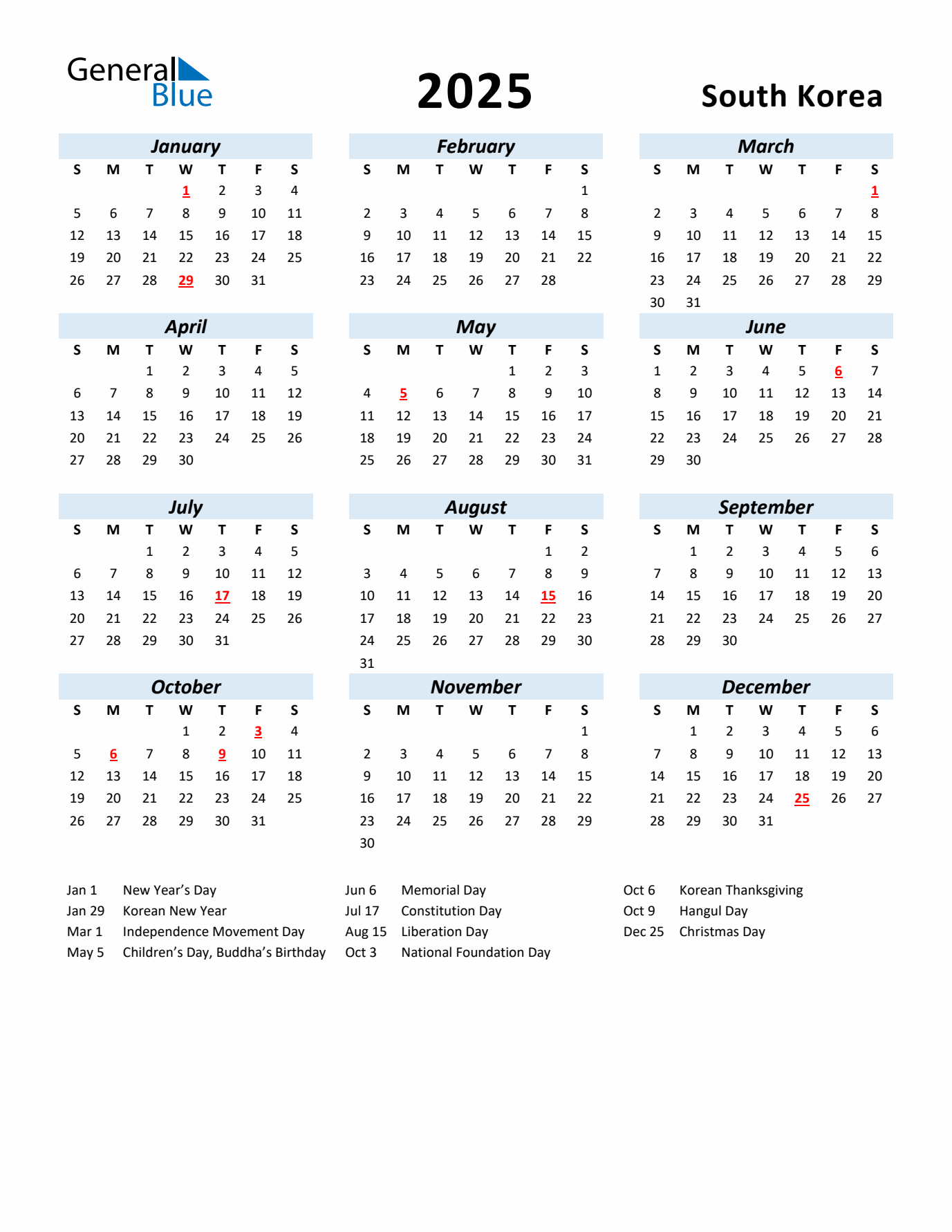 2025 Calendar for South Korea with Holidays
