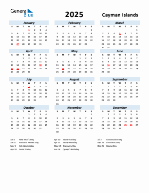 Cayman Islands current year calendar 2025 with holidays