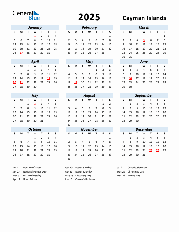 2025 Calendar for Cayman Islands with Holidays