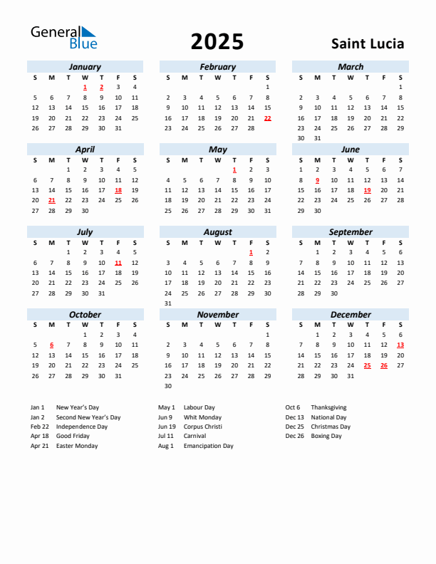2025 Calendar for Saint Lucia with Holidays