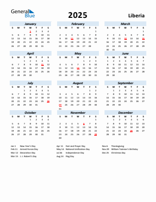 Liberia current year calendar 2025 with holidays