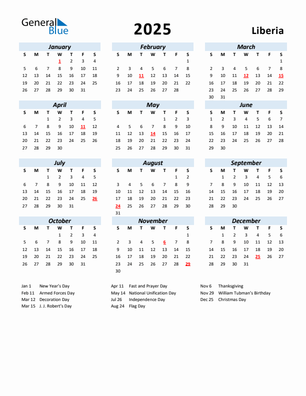 2025 Calendar for Liberia with Holidays