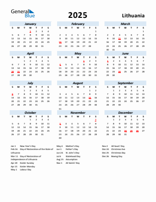 Lithuania current year calendar 2025 with holidays
