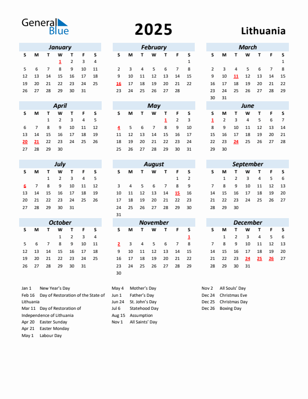 2025 Calendar for Lithuania with Holidays