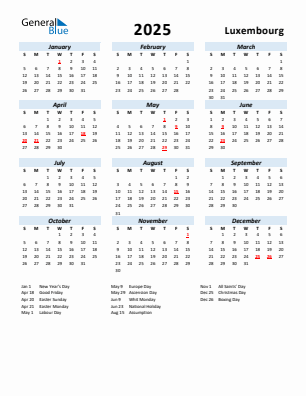 Luxembourg current year calendar 2025 with holidays