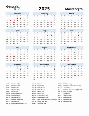 Montenegro current year calendar 2025 with holidays