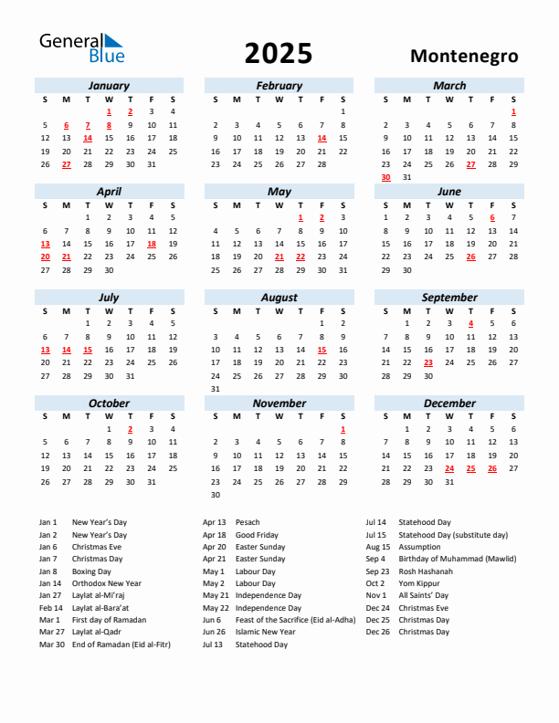 2025 Calendar for Montenegro with Holidays