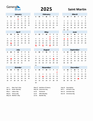 Saint Martin current year calendar 2025 with holidays