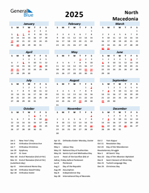 North Macedonia current year calendar 2025 with holidays