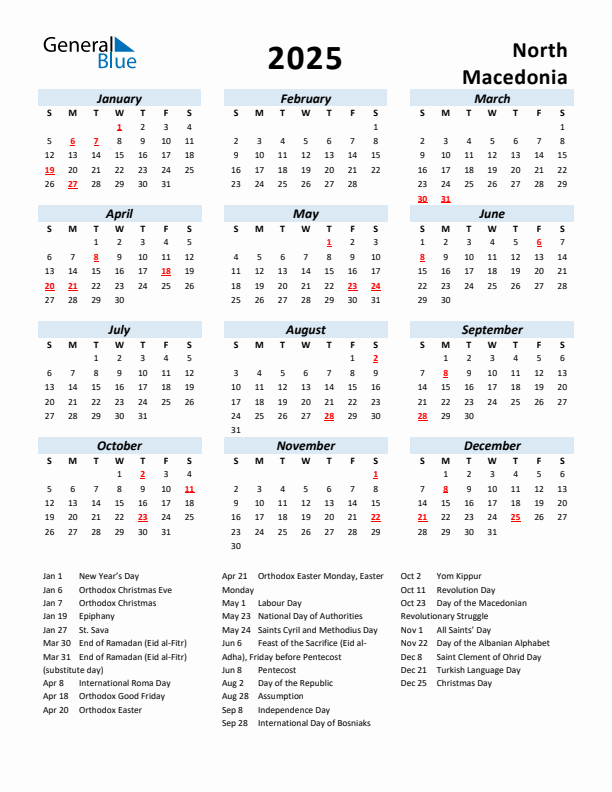 2025 Calendar for North Macedonia with Holidays