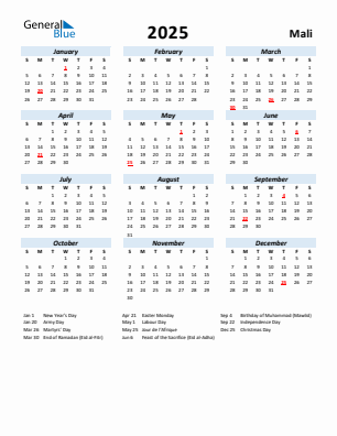 Mali current year calendar 2025 with holidays