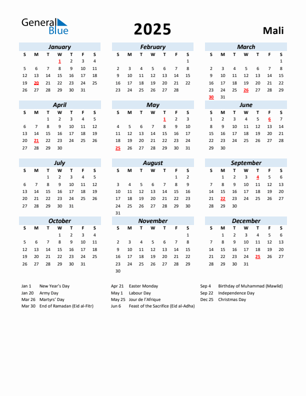 2025 Calendar for Mali with Holidays
