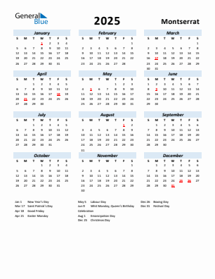 Montserrat current year calendar 2025 with holidays