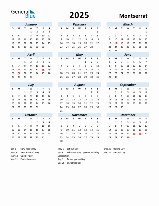 2025 Calendar for Montserrat with Holidays