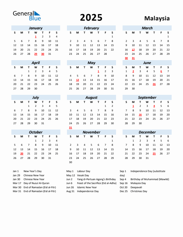 2025 Calendar for Malaysia with Holidays