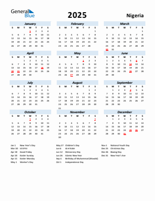 Nigeria current year calendar 2025 with holidays