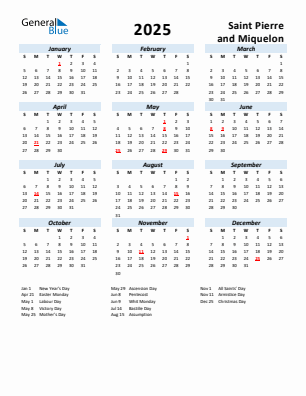 Saint Pierre and Miquelon current year calendar 2025 with holidays