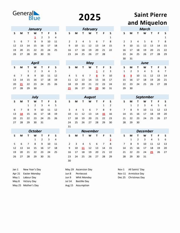 2025 Calendar for Saint Pierre and Miquelon with Holidays