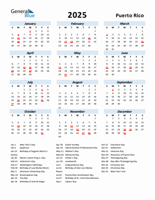 Puerto Rico current year calendar 2025 with holidays