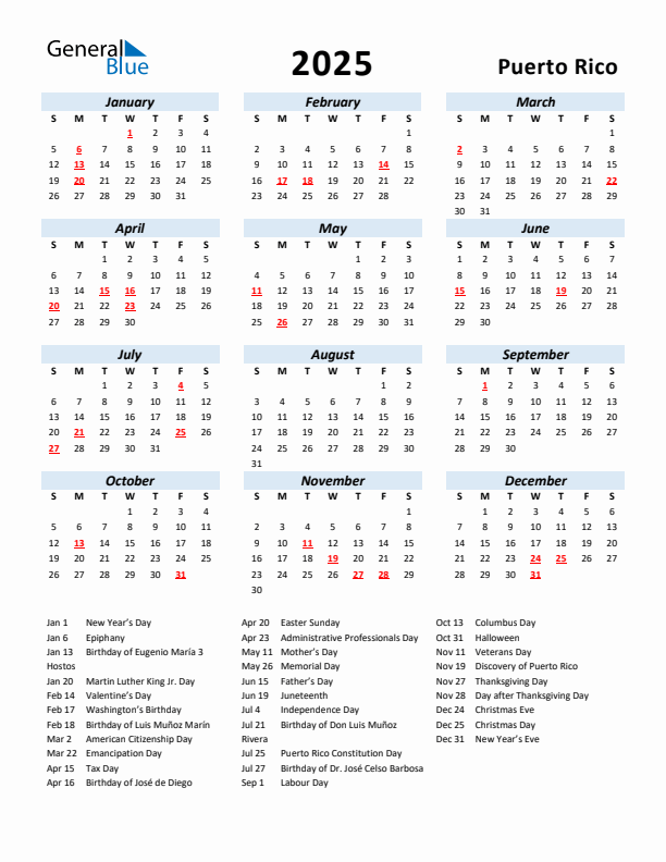 2025 Calendar for Puerto Rico with Holidays