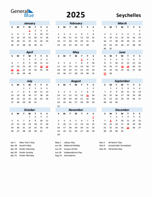 Seychelles current year calendar 2025 with holidays