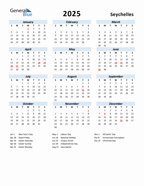 2025 Calendar for Seychelles with Holidays