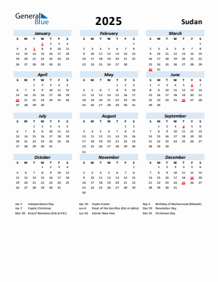 Sudan current year calendar 2025 with holidays