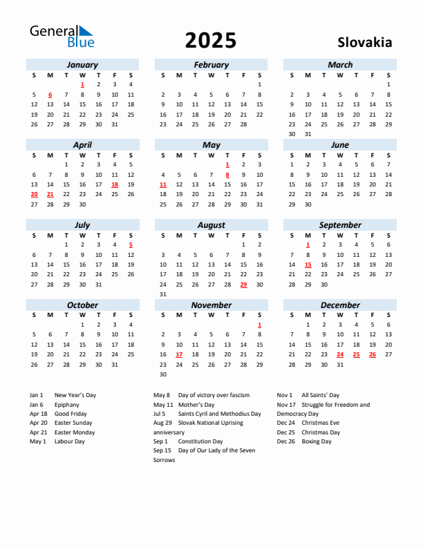 2025 Calendar for Slovakia with Holidays