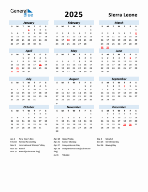 Sierra Leone current year calendar 2025 with holidays