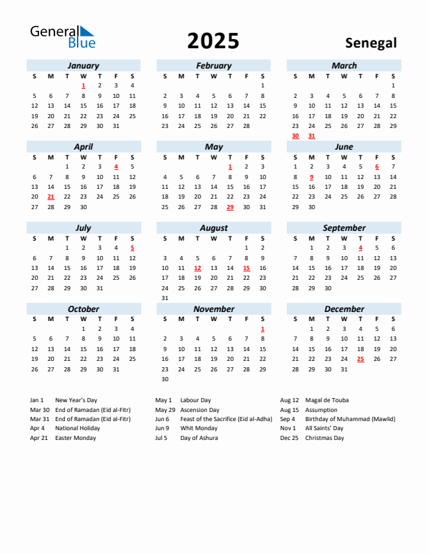 2025 Calendar for Senegal with Holidays