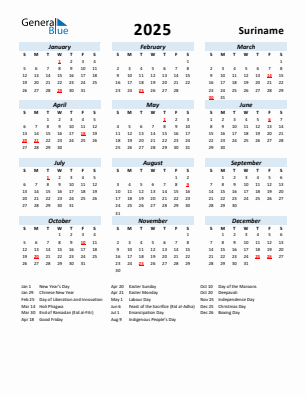 Suriname current year calendar 2025 with holidays
