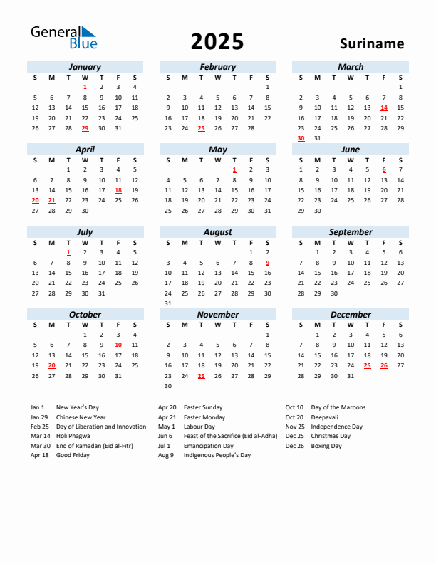 2025 Calendar for Suriname with Holidays