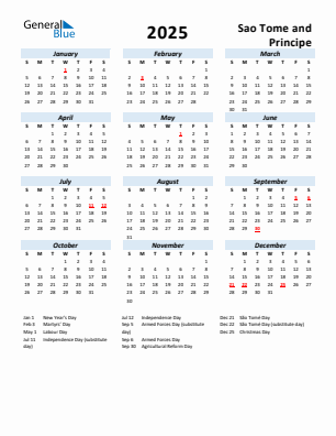 Sao Tome and Principe current year calendar 2025 with holidays