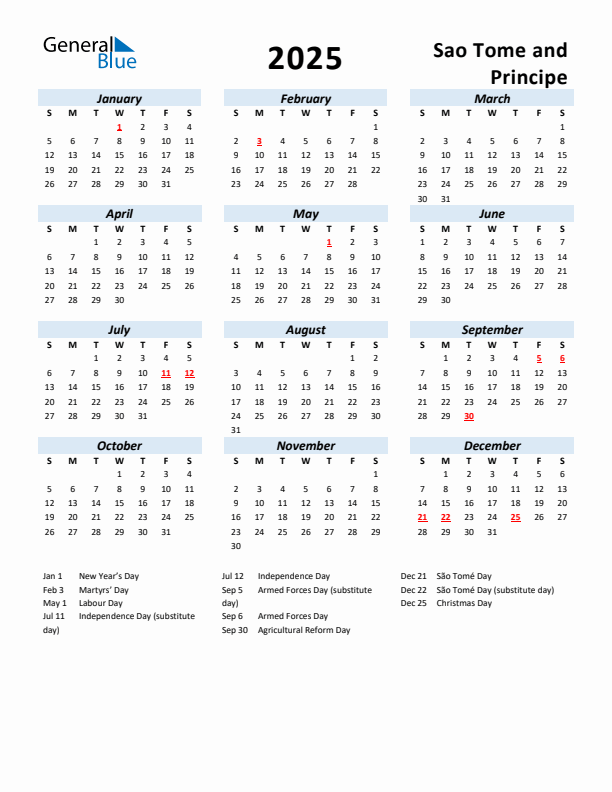 2025 Calendar for Sao Tome and Principe with Holidays