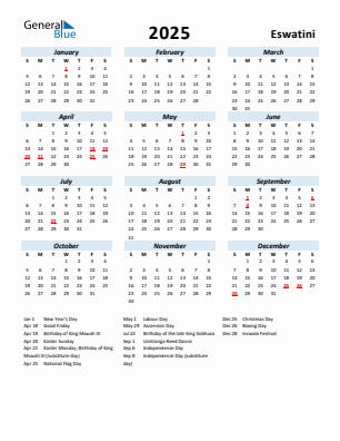 Eswatini current year calendar 2025 with holidays